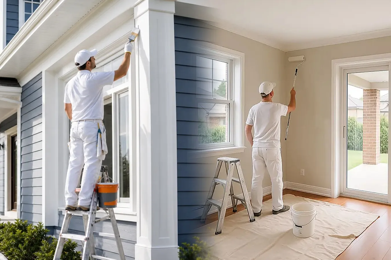 A painter on a ladder brushing white trim on a blue-sided house, blending into a painter rolling a beige living room wall