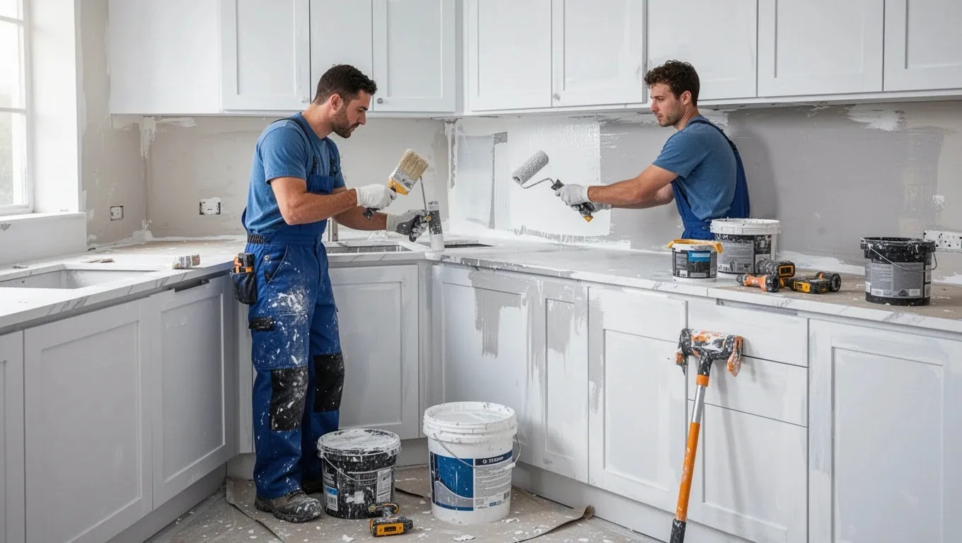 Two painters refinishing kitchen cabinets in white